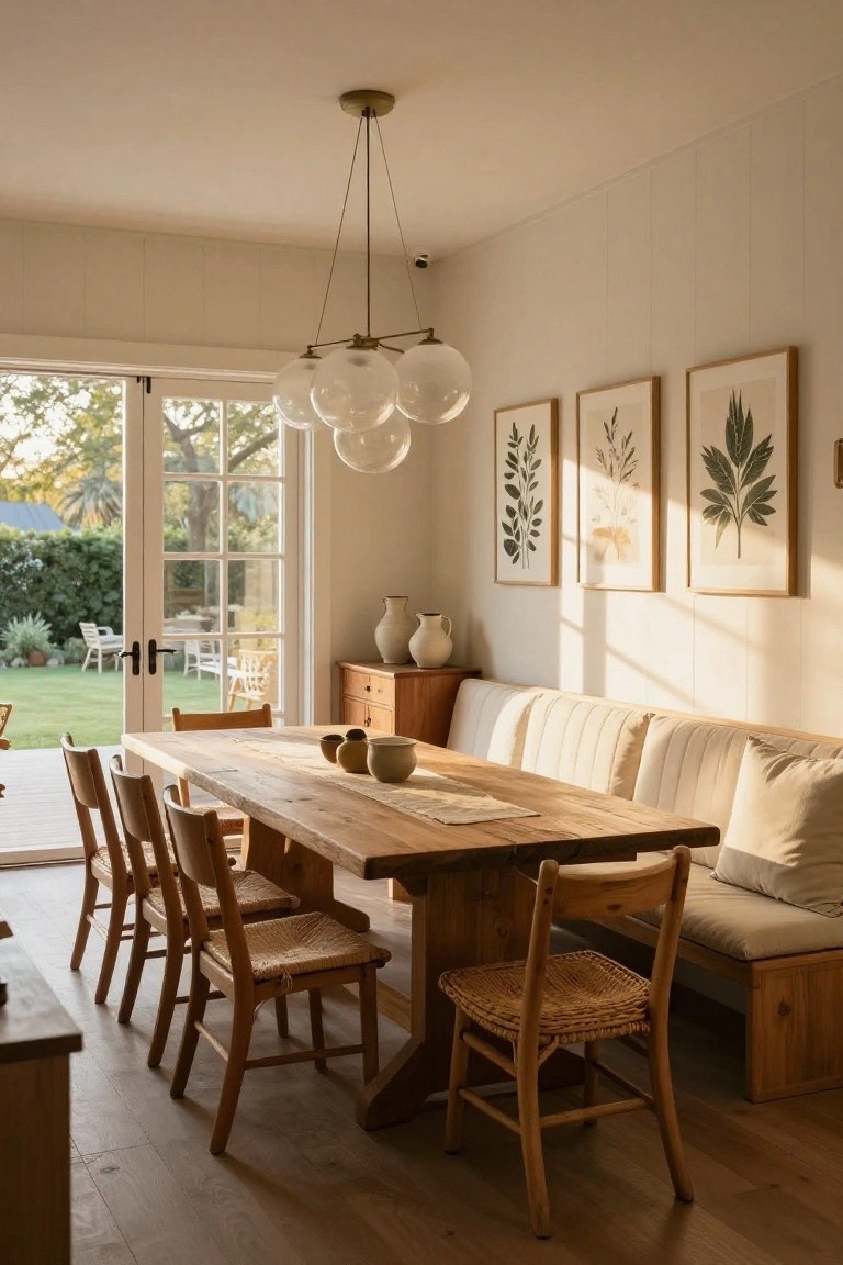 Light-filled interior dining area with a long wooden trestle table, rattan and wood chairs, white banquette bench with pillows against the wall, glass globe pendant light, botanical prints, and French doors to a garden view.