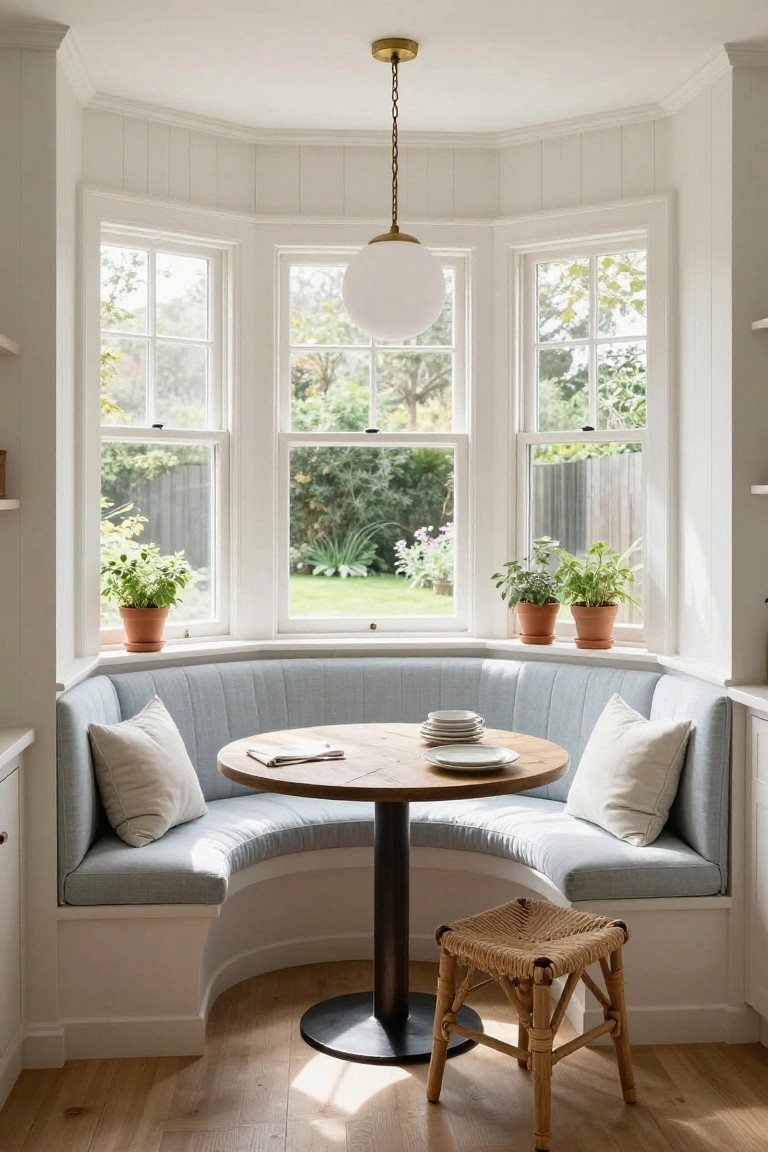 Curved blue upholstered banquette built into a bay window in a white kitchen nook, surrounding a round wooden table with plates and a magazine, potted herbs on windowsills, rattan stool nearby, and garden view outside.