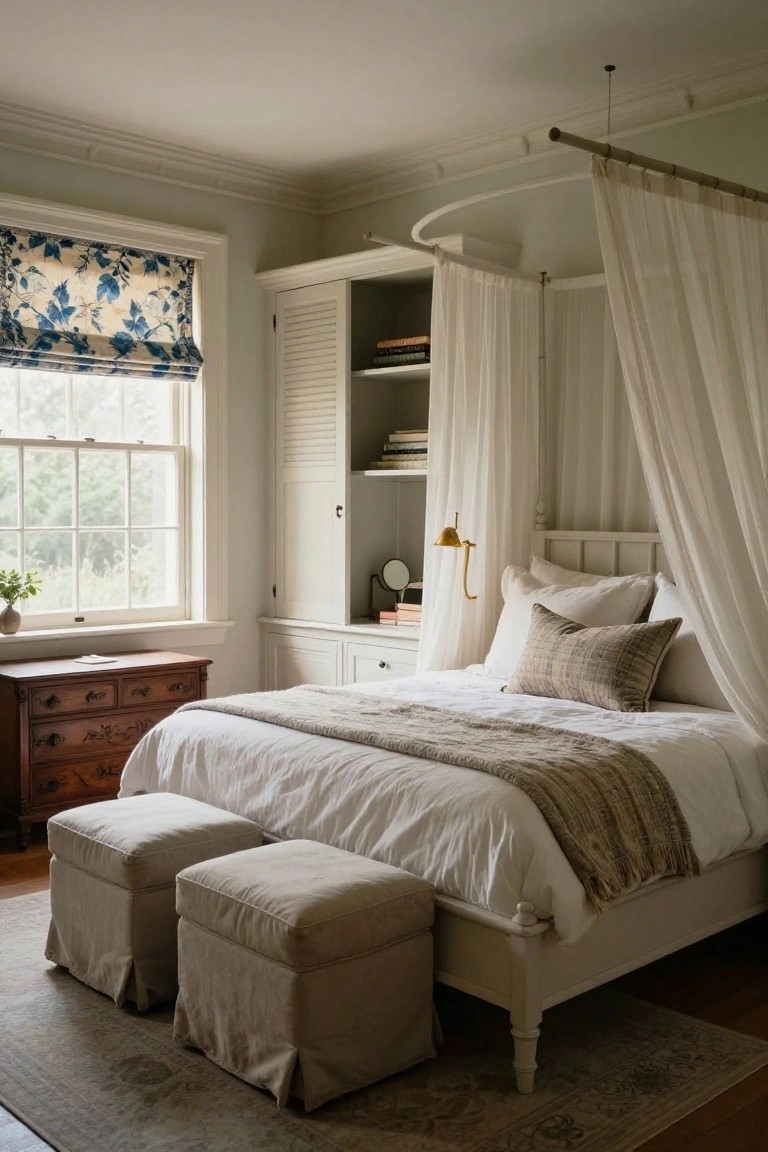 White four-poster canopy bed with sheer curtains and pillows in a pale bedroom with curved white built-in cabinetry, wooden dresser, potted plant by window, and two upholstered ottomans on a rug.