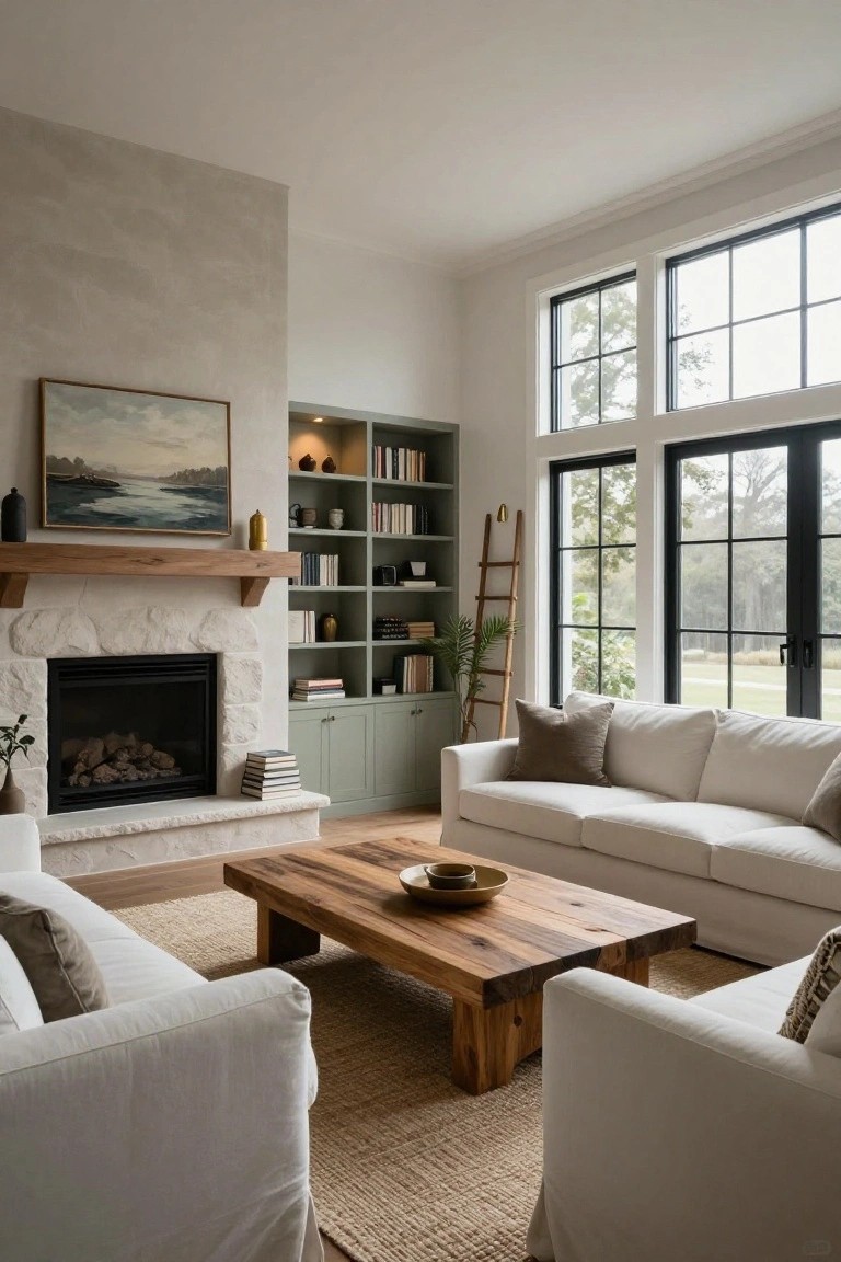 A living room with a white stone fireplace flanked by sage green built-in bookshelves and cabinets, white slipcovered sofas, a wooden coffee table, and large black-framed windows showing trees outside.