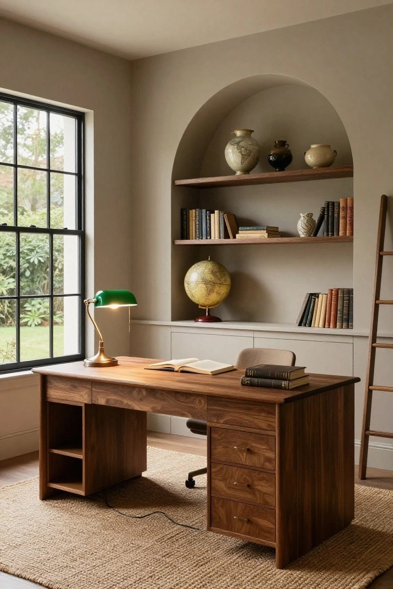 A cozy home office with a large wooden desk, green banker's lamp, open books, and tall built-in wooden bookshelves featuring a rolling ladder, arched niche with vases and globe, large window with garden view, and beige walls.