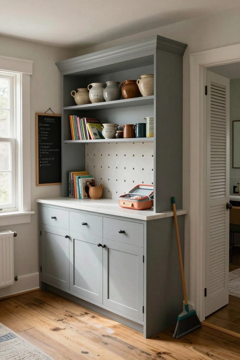 Tall gray built-in cabinet with open upper shelves displaying terracotta pots, books, and jars, pegboard-backed niche, white countertop, lower drawers and doors, wooden floors, broom leaning nearby, and open door to adjacent room.