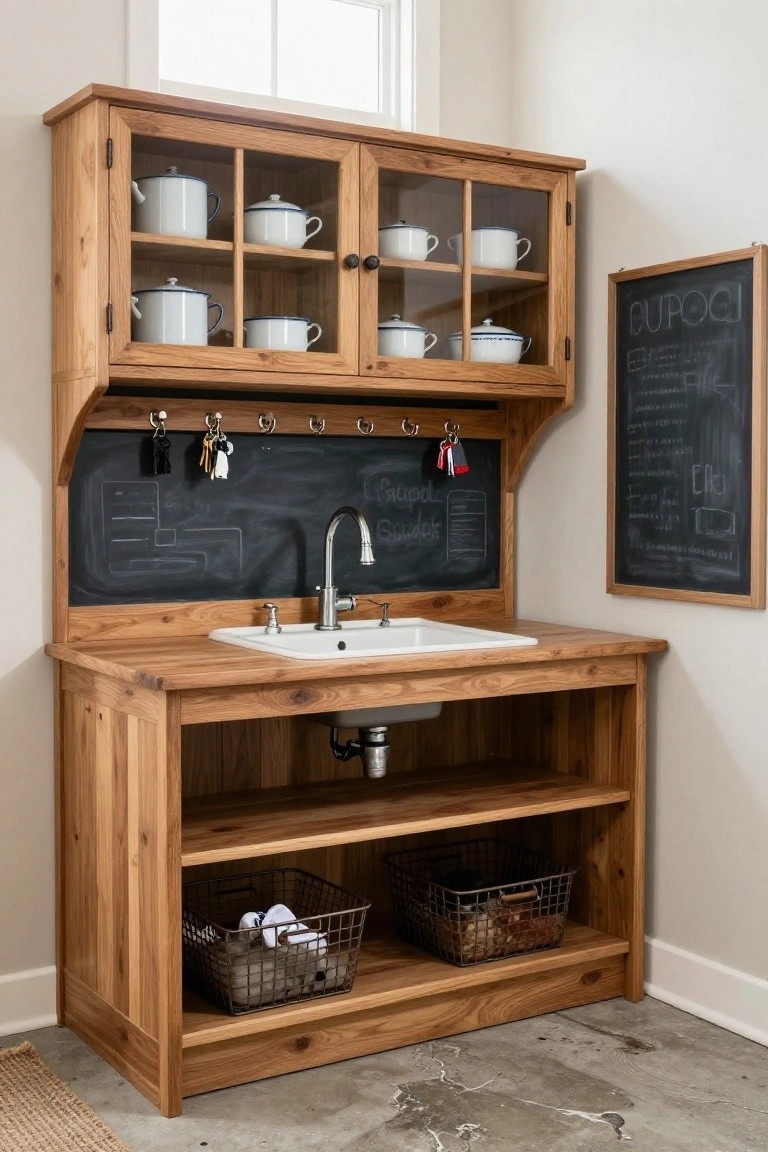 Wooden play kitchen unit with glass-door upper cabinets holding white enamel pots, chalkboard backsplash with sink and hooks, and lower open shelves with wire baskets.