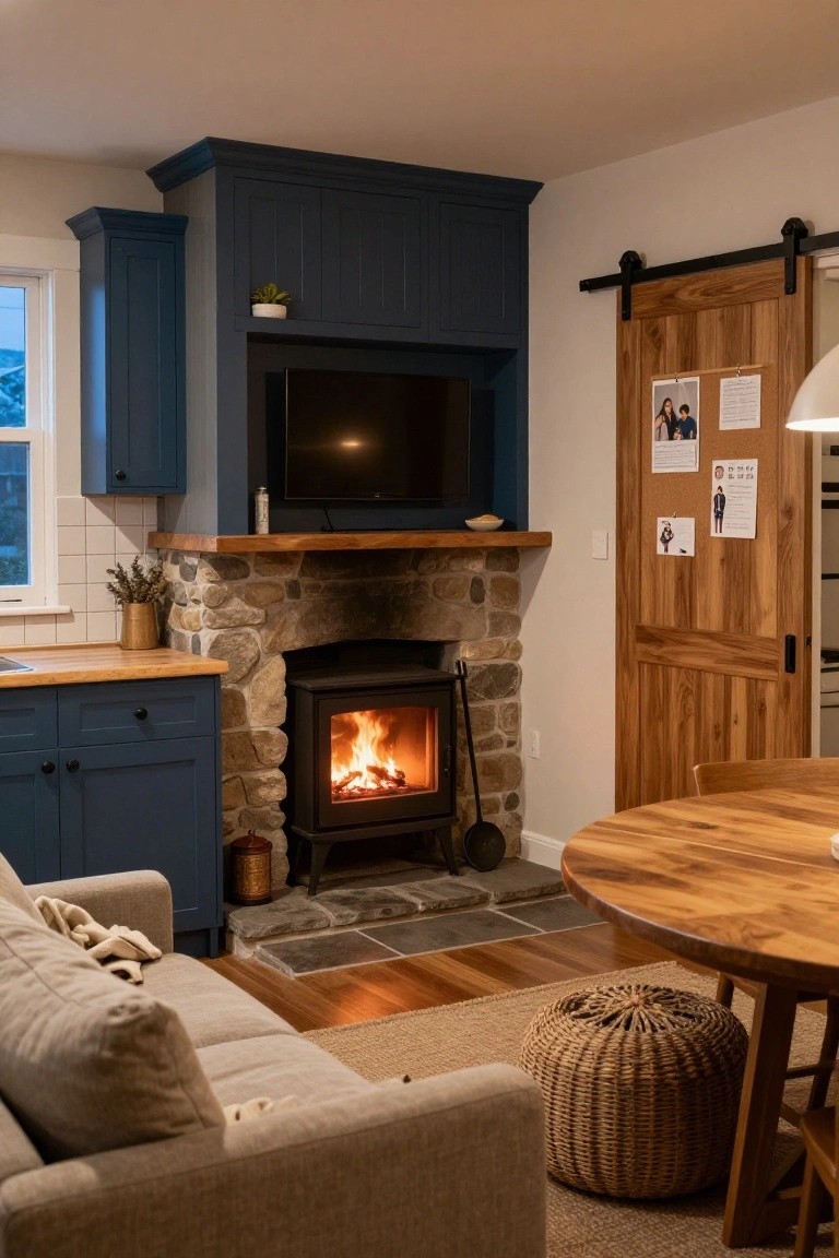 Cozy open-plan interior with navy kitchen cabinets, stone-surround wood-burning stove fireplace, wooden dining table, rattan pouf, and gray sofa on hardwood floors.