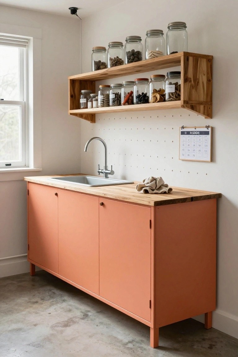 Modern kitchen with peach cabinets, wooden counter, and wall shelves of jars.