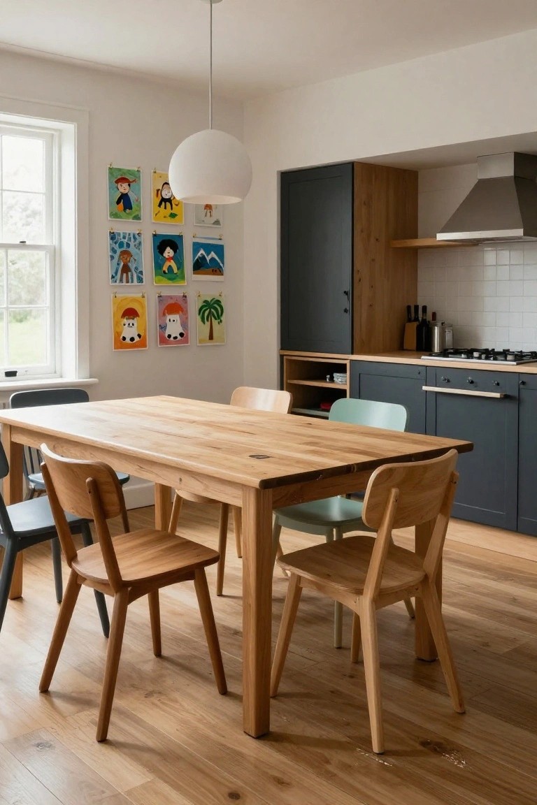 Kitchen dining area with rectangular wooden table, assorted wooden and turquoise chairs, colorful children's artwork on white wall, pendant light overhead, and dark wood cabinets with white tiles.