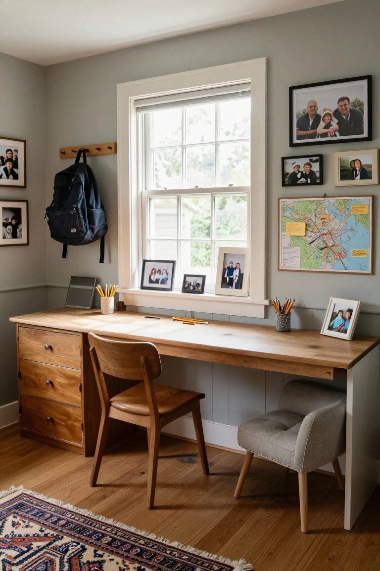 Light gray bedroom with long wooden desk having drawers, wooden chair, small upholstered chair nearby, family photos on walls, city map, pencils, backpack on wall hook, and window with blinds.