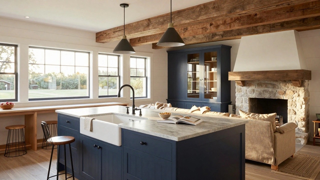 Spacious kitchen interior with navy blue paneled island, two beige upholstered stools, marble countertop, stone fireplace hood, wooden ceiling beams, and glass-front cabinets.