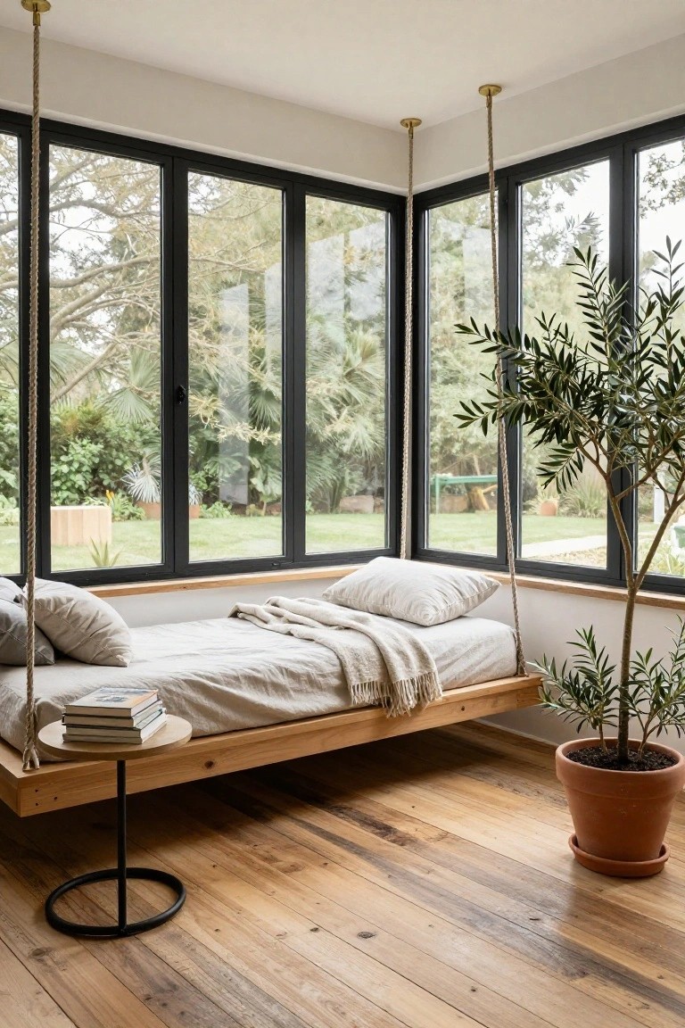 A rope-suspended wooden bed platform in a bright corner room with large black-framed windows overlooking a garden, an olive tree in a terracotta pot nearby, and reclaimed wood flooring.