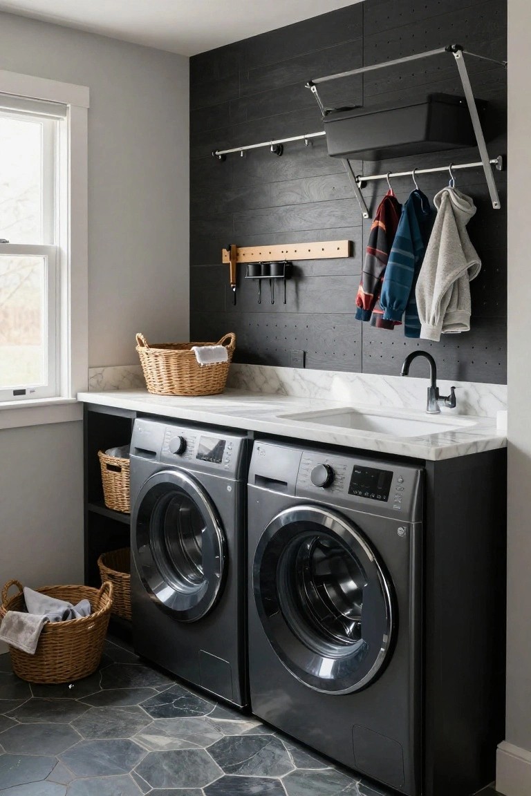 Modern laundry room interior with black shiplap accent wall, two front-loading washers under white marble countertop with integrated sink, multiple wicker baskets holding laundry, wall-mounted hanging rack with clothes, and dark hexagonal floor tiles.