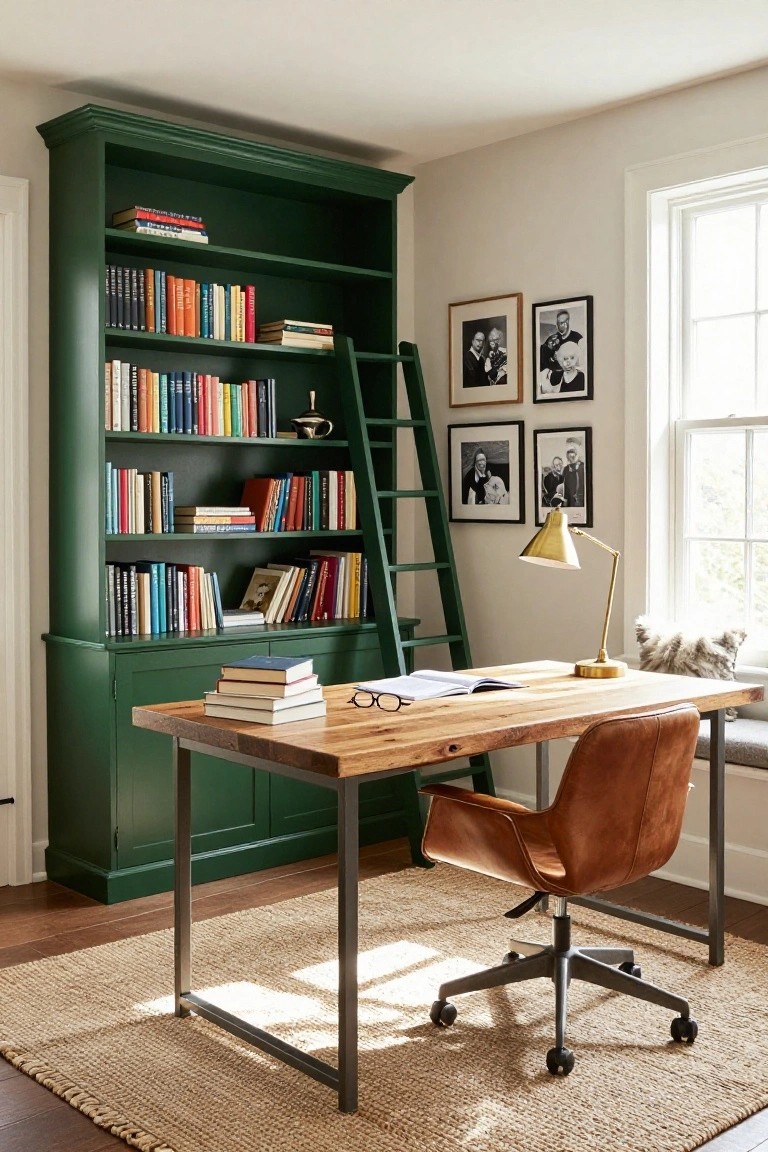 Tall emerald green painted bookcases with sliding wooden ladder, rustic wood desk, tan leather chair, brass lamp, books, and framed photos in a light-walled room with window.