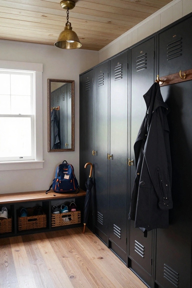 Interior mudroom with tall matte black metal lockers along one wall, wooden bench with woven baskets and shoe cubbies below, hanging black coat and umbrella on brass hooks, blue backpack on bench, brass pendant light overhead, and mirror reflecting lockers opposite a window.