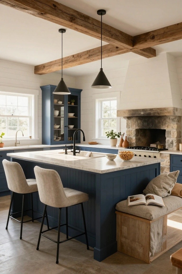 Spacious kitchen interior with navy blue paneled island, two beige upholstered stools, marble countertop, stone fireplace hood, wooden ceiling beams, and glass-front cabinets.