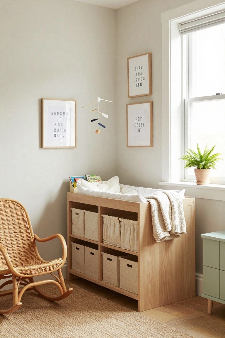 Light beige nursery corner with wooden changing table dresser featuring fabric storage bins in cubbies, rattan rocking chair, framed wall art, hanging mobile, books on shelf, white changing pad, and potted fern by window.