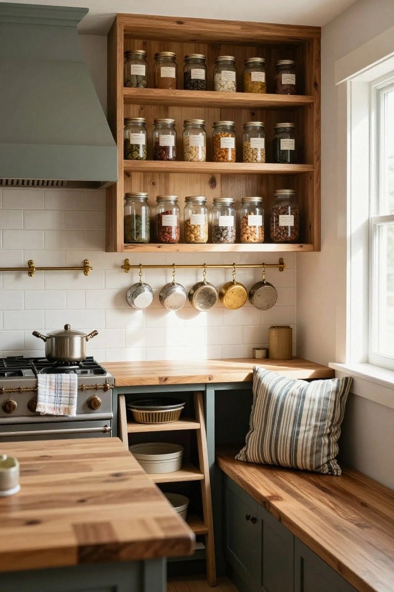Kitchen interior with open wooden wall shelves stocked with labeled glass jars of pantry staples, green cabinets, brass hanging pots, gas stove, butcher block counters, and built-in wooden bench by a window.