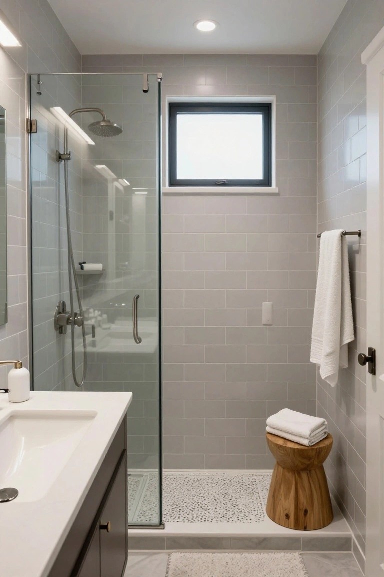 Compact modern bathroom with gray subway tile walls, frameless glass shower enclosure containing a pebble shower floor and wooden stool with towels, white countertop vanity, and wall-mounted towel bar.