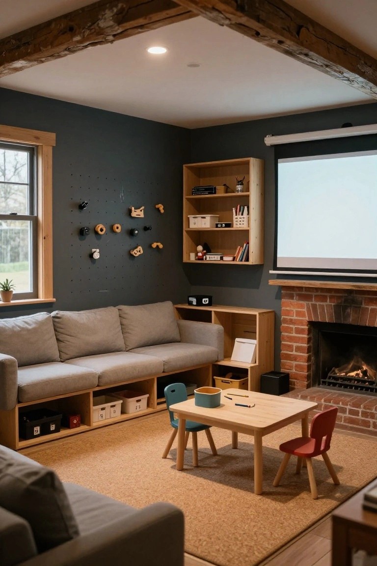Cozy playroom interior with dark gray pegboard wall holding wooden climbing grips and rings, light wood shelves and kids table with chairs, beige sofa, brick fireplace, and cork floor.