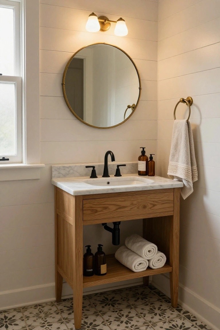 Bathroom corner with oak wood vanity cabinet, white marble countertop and sink, black faucet, gold round mirror, wall sconces, towel on hook, and patterned tile floor.