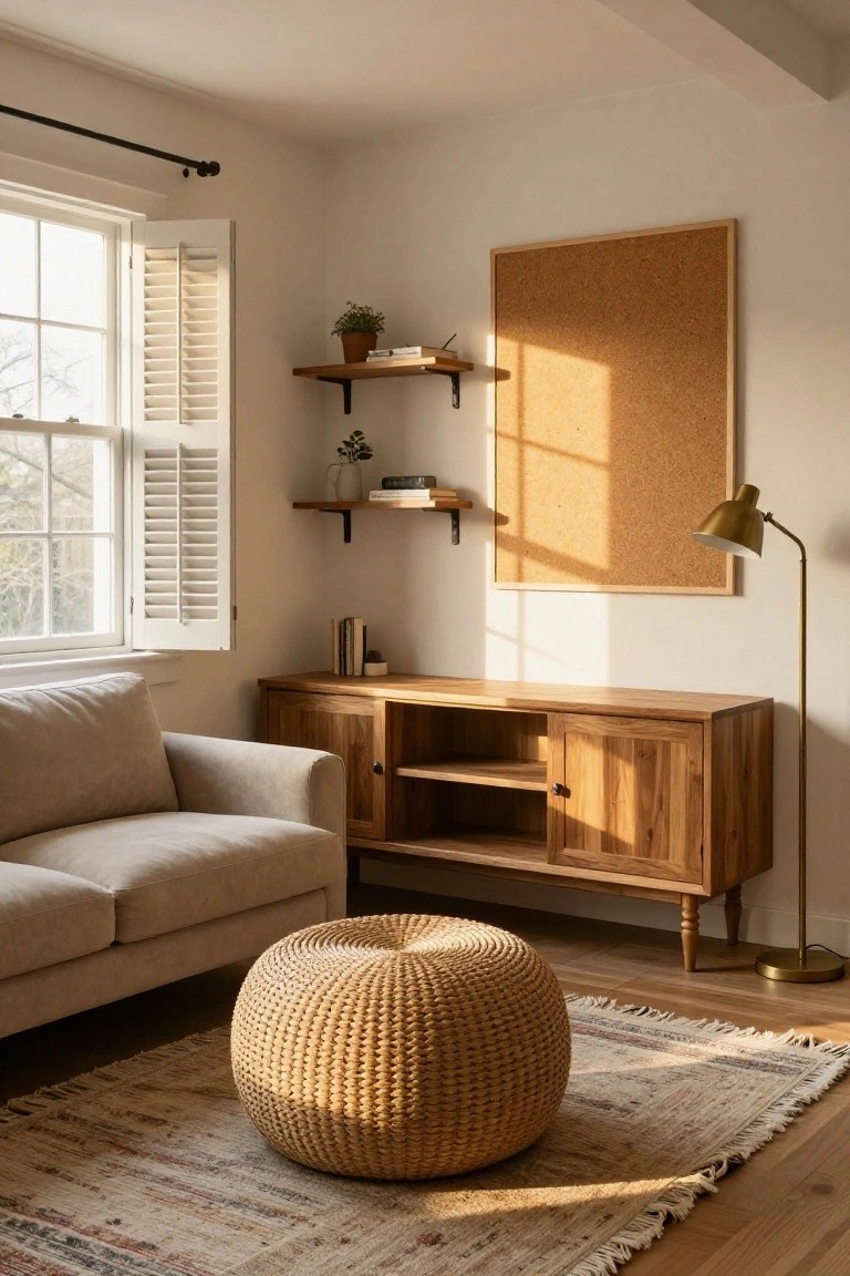 Cozy living room with beige sofa, wooden console, woven ottoman, corkboard, and sunlight.