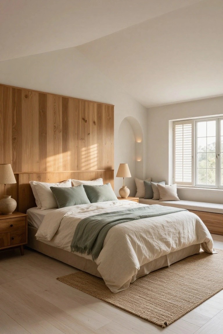 Bedroom with light vertical wood paneled wall behind a bed dressed in white linens and a teal throw, wooden nightstands holding beige lamps and ceramic vases, window seat with cushions opposite a large window with shutters, seagrass rug on light wood floor.
