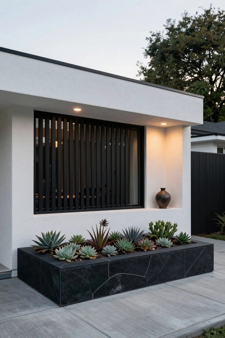 Modern white house exterior wall with black vertical louvered window screens, recessed ceiling lights, a black pottery vase in a niche, and a low black stone planter box filled with succulents next to a concrete path.