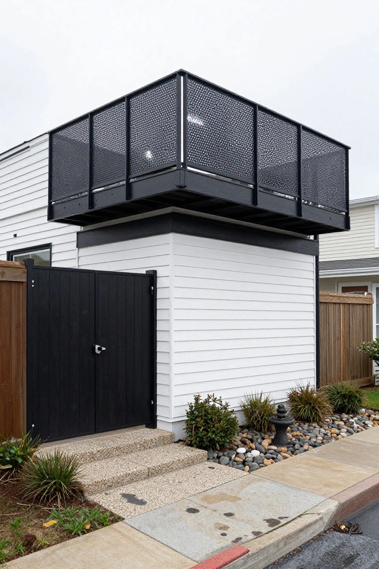 Corner view of a white-sided modern house with black metal cantilevered balcony and mesh railings above a black double gate, concrete steps, and gravel landscaping with low plants.