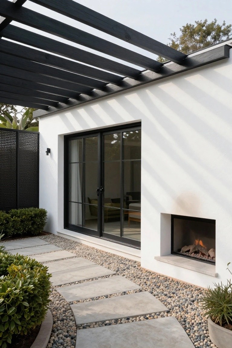 White stucco exterior wall with black-framed sliding glass doors, built-in gas fireplace with flames, overhead black pergola, and concrete paver pathway edged in pebbles leading from greenery to the doors.