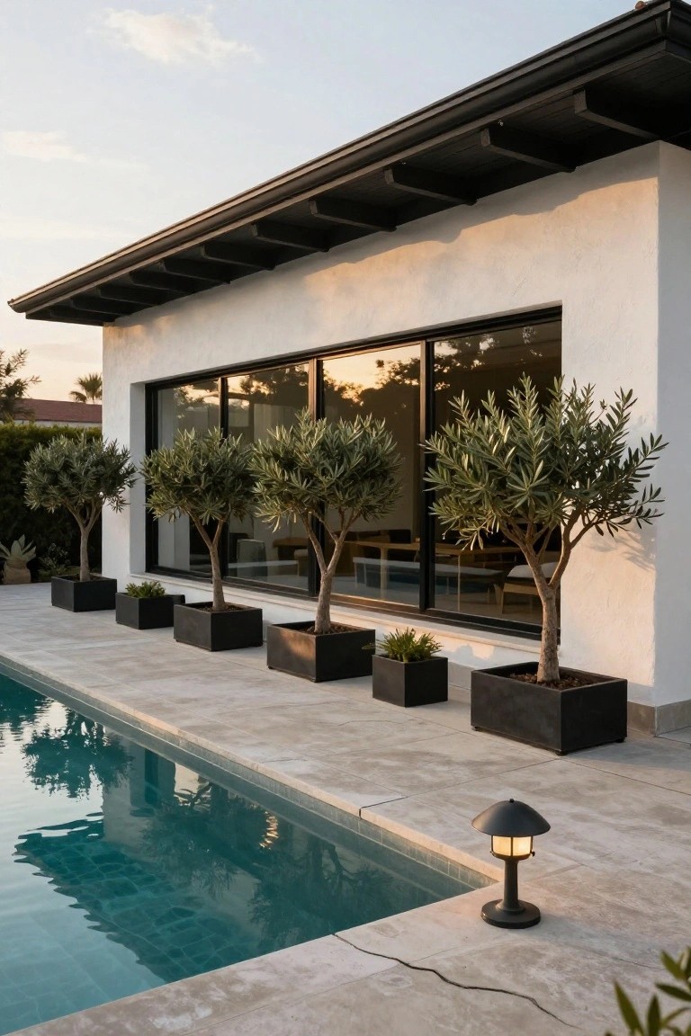 White stucco house exterior with black overhanging roof, black-framed sliding glass windows, four olive trees in black square planters lined up along a light stone pool deck, and a black outdoor lamp near the pool edge at dusk.