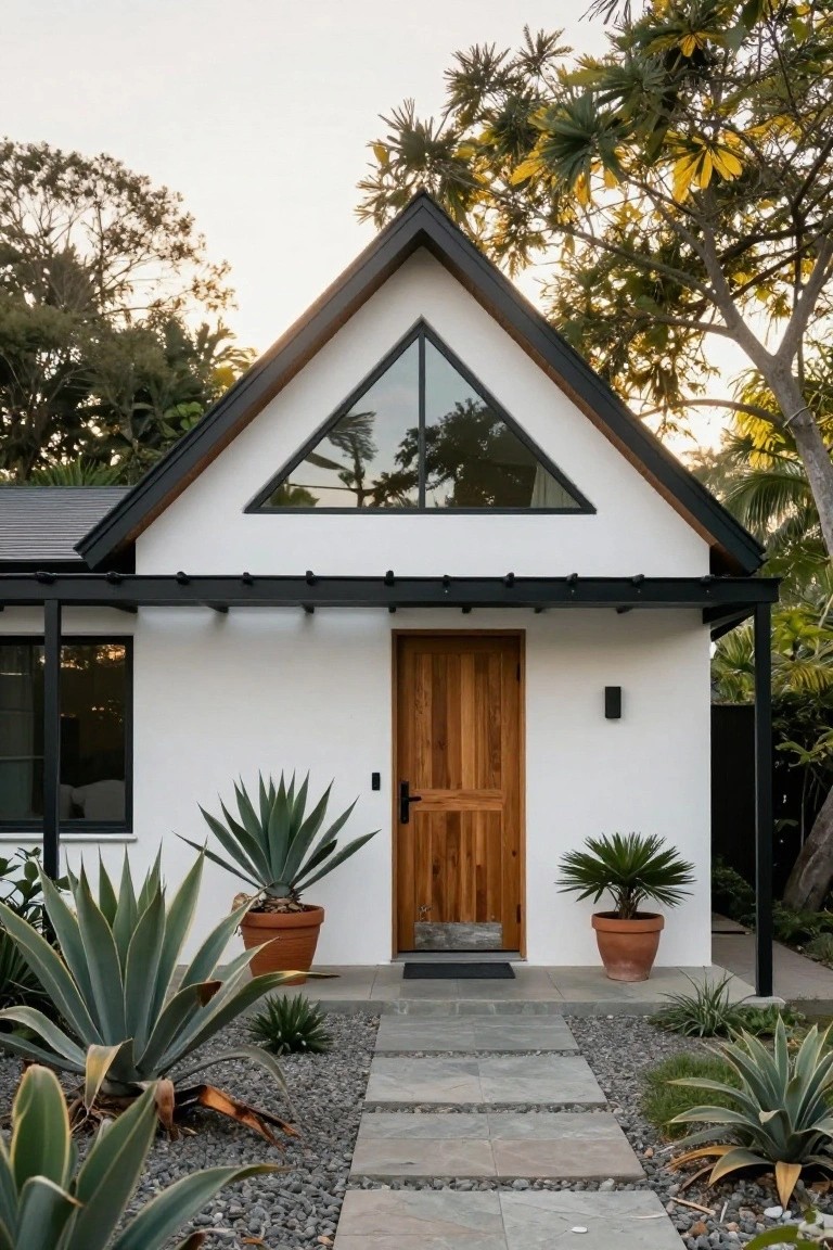 White stucco house exterior with black metal roofline, triangular window, pergola, wooden front door, potted agave plants, and stone pathway.