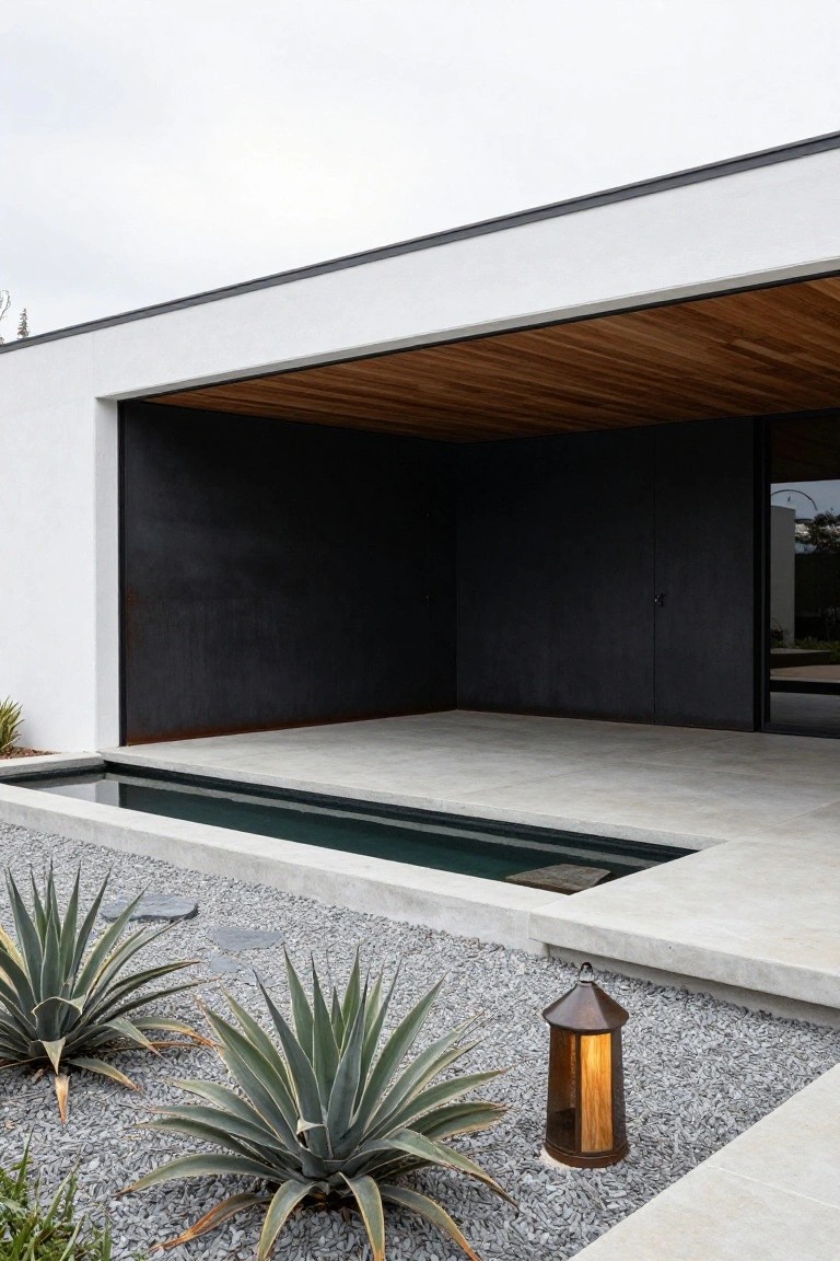 Modern house exterior with white stucco walls, matte black panel wall, wooden ceiling in covered porch area, linear reflecting pool, agave plants, and gravel ground cover.