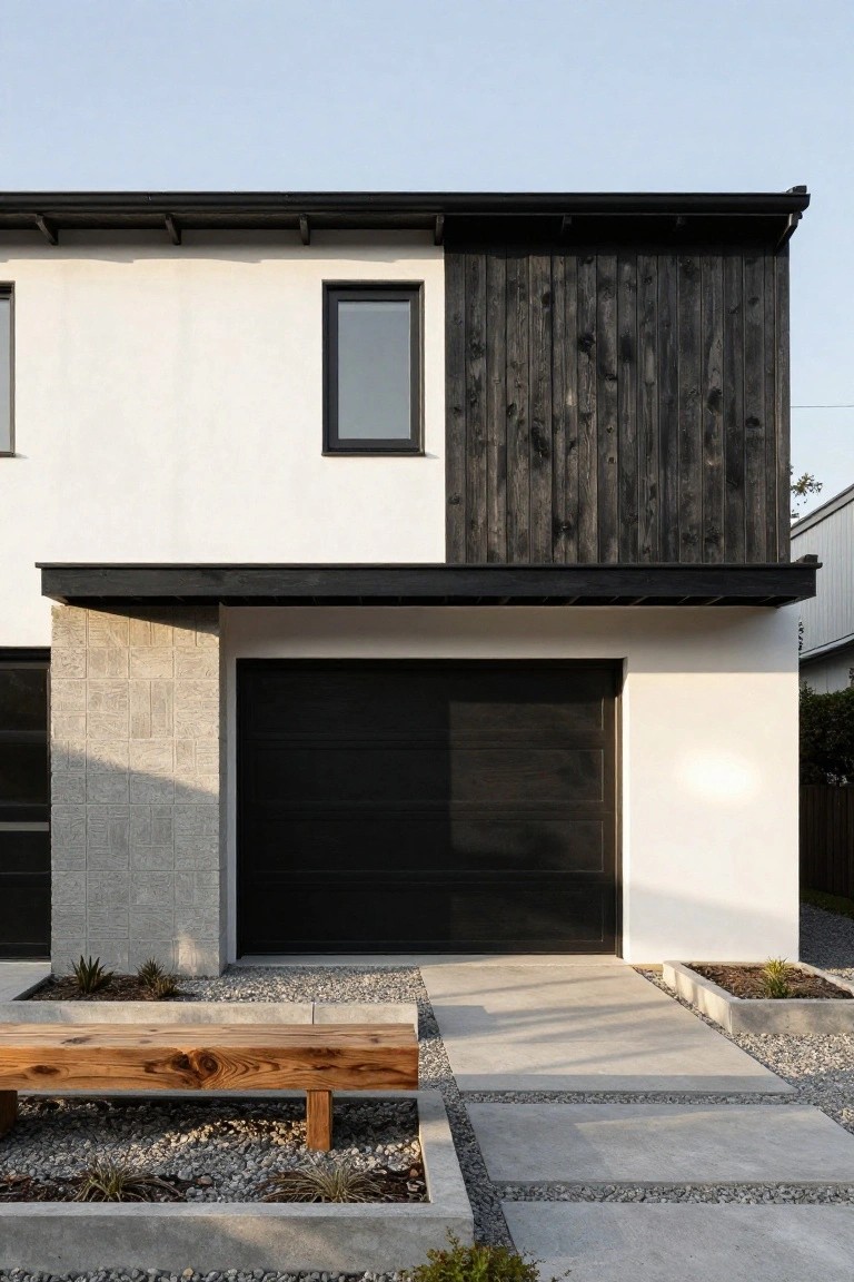 Contemporary house exterior with white stucco walls, black vertical wood cladding on the upper right section, black garage door flanked by textured concrete block, concrete paver pathway, wooden bench, and gravel beds with agave plants.