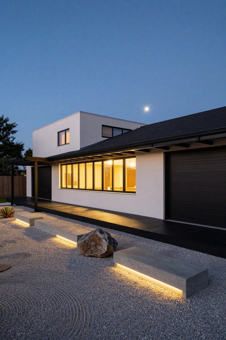 Evening photo of a modern white house with black sloped roof, black garage door, lit horizontal windows, wooden deck, and foreground gravel garden with concrete benches, large rock, and agave plant.