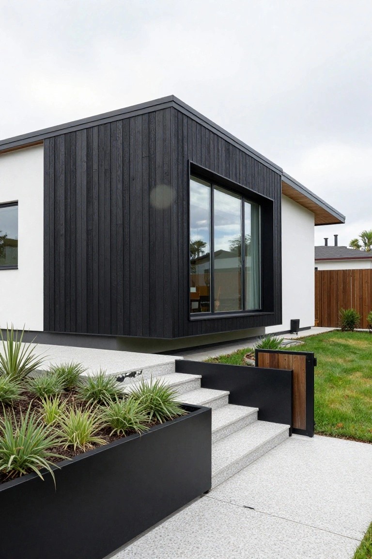 Corner exterior of a modern house with black vertical wood cladding on one volume, white wall on the adjacent side, large floor-to-ceiling window framed in black, cantilevered base, concrete steps with black planters and surrounding lawn.