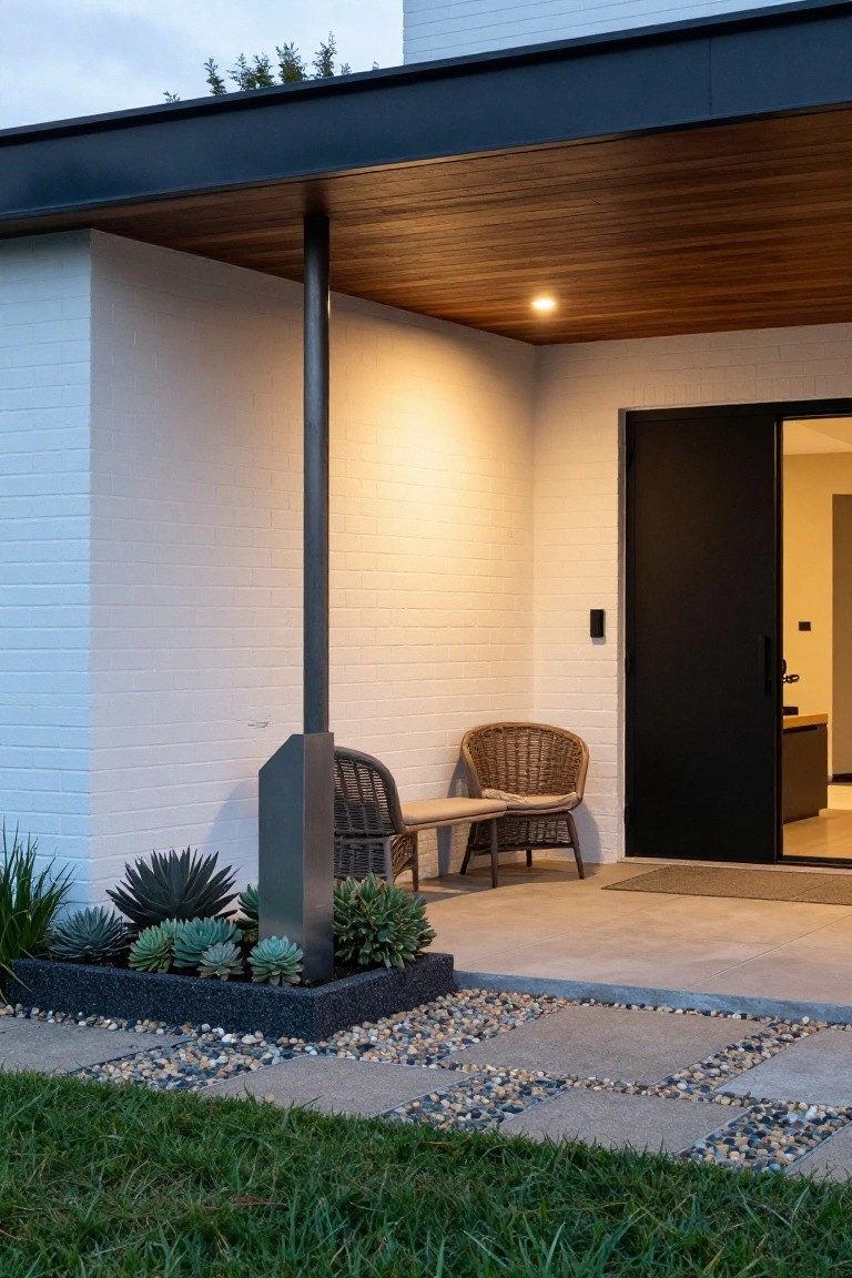 White brick house exterior with black front door under exposed timber ceiling on covered porch, two rattan chairs on concrete floor, succulent planters in black pebble bed, and stepping stone path in lawn.