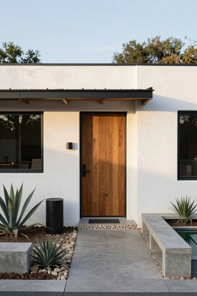 White stucco modern house exterior with a recessed wooden front door, black-framed windows, cantilevered metal overhang, black cylinder planter, agave plants in gravel, and concrete pathway leading to entry.