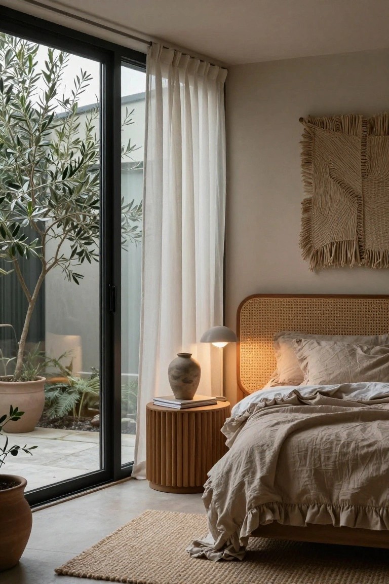 A bedroom with a rattan headboard bed draped in beige linens, a terracotta vase and lamp on a fluted wooden nightstand, large sliding glass doors beside it revealing an outdoor olive tree and plants, neutral walls, seagrass rug, and woven wall hanging.