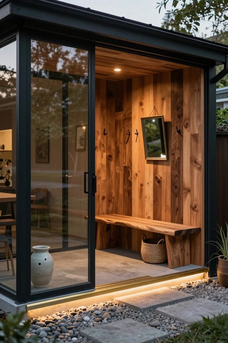 Glass pavilion with black frame and wooden interior including a bench seat, mirror, coat hooks, and potted plants, next to a gravel path and stone steps in a garden.