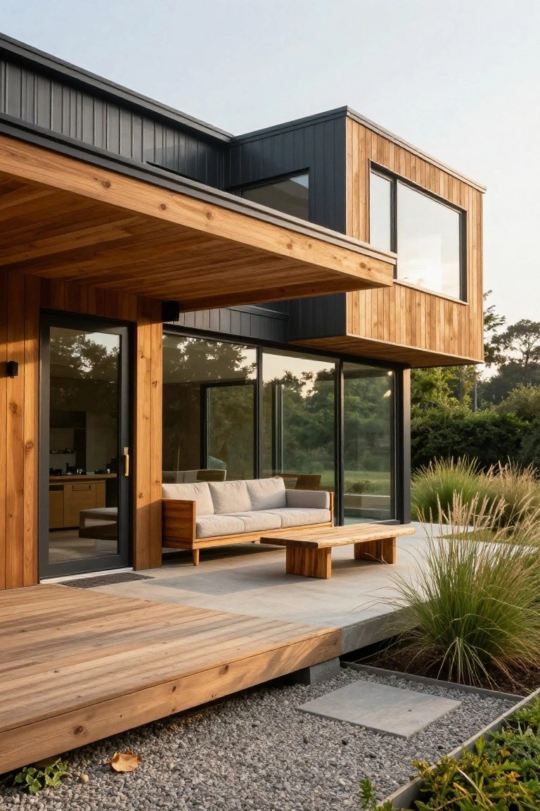 Exterior view of a modern house with black and natural wood cladding, large sliding glass doors opening from the kitchen to an elevated wooden deck featuring a beige sofa, wooden coffee table, pampas grass, gravel bed, and greenery.