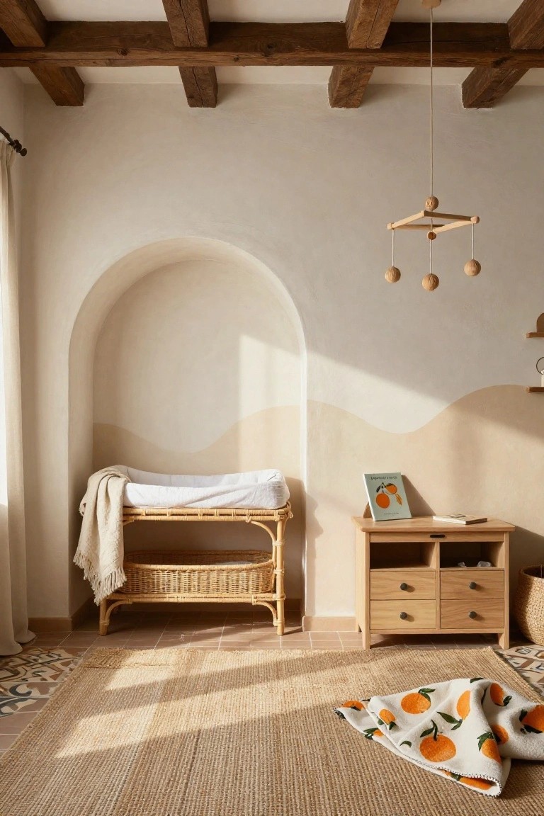 Nursery room interior with exposed wooden ceiling beams, arched beige wall niche containing a rattan changing table dresser with white pad and blanket, wooden dresser with drawers, orange-accented blanket on seagrass rug, and terracotta tile floor.