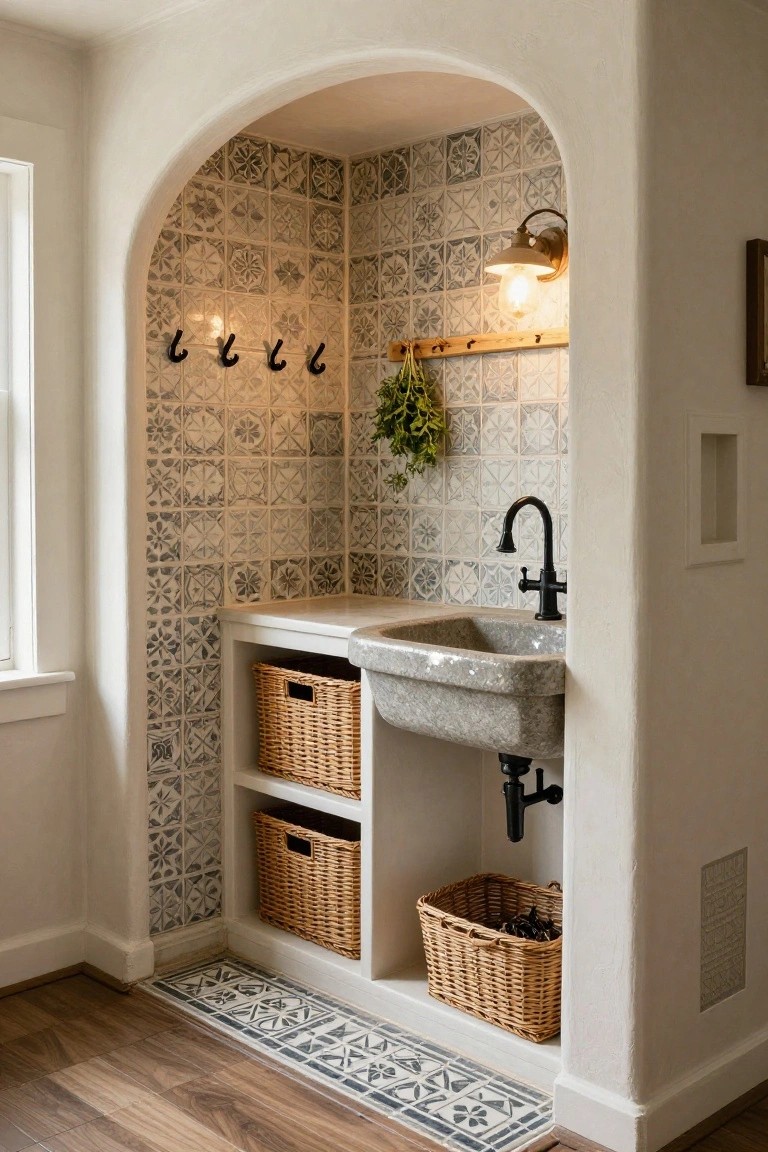 Arched interior wall niche with blue and gray patterned tiles, gray stone sink and black faucet, open shelving holding three wicker baskets, four wall hooks, hanging herbs, and a wall-mounted light fixture.