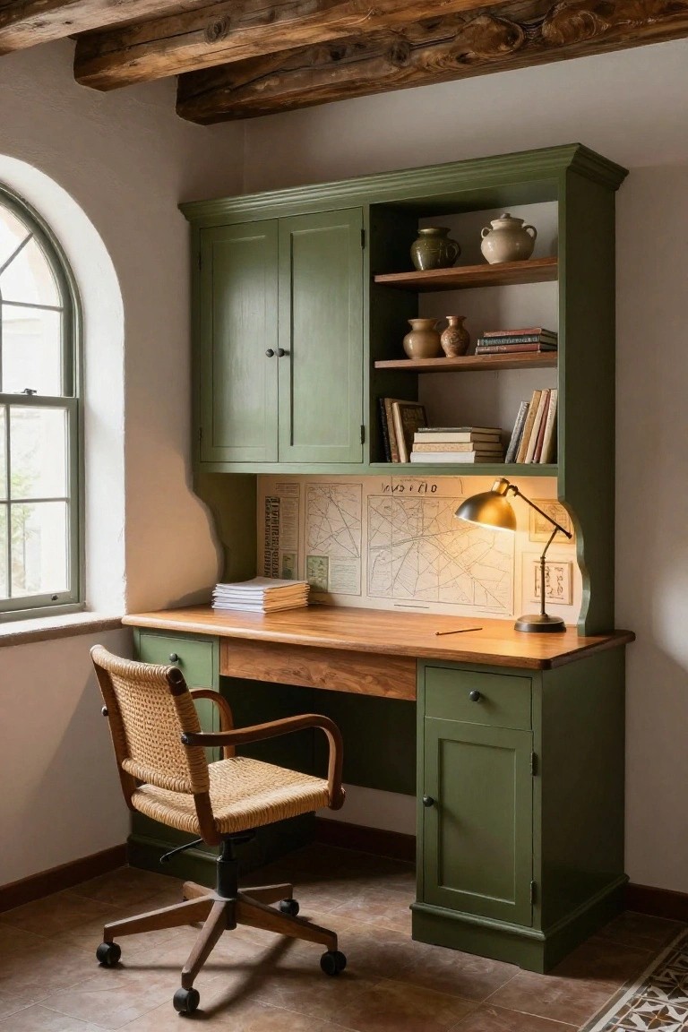 Green painted built-in cabinet unit with desk top, open shelves holding books and pottery, rattan chair, adjustable lamp, and arched window in a white-walled room with wood beams.