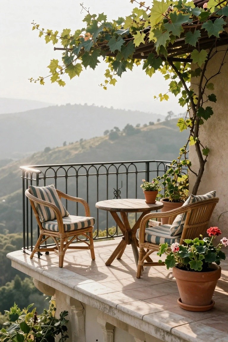 Balcony terrace with two striped cushioned wicker armchairs and a small round wooden table, climbing vines overhead, potted geraniums and other plants nearby, black metal railing, and view of distant green hills.