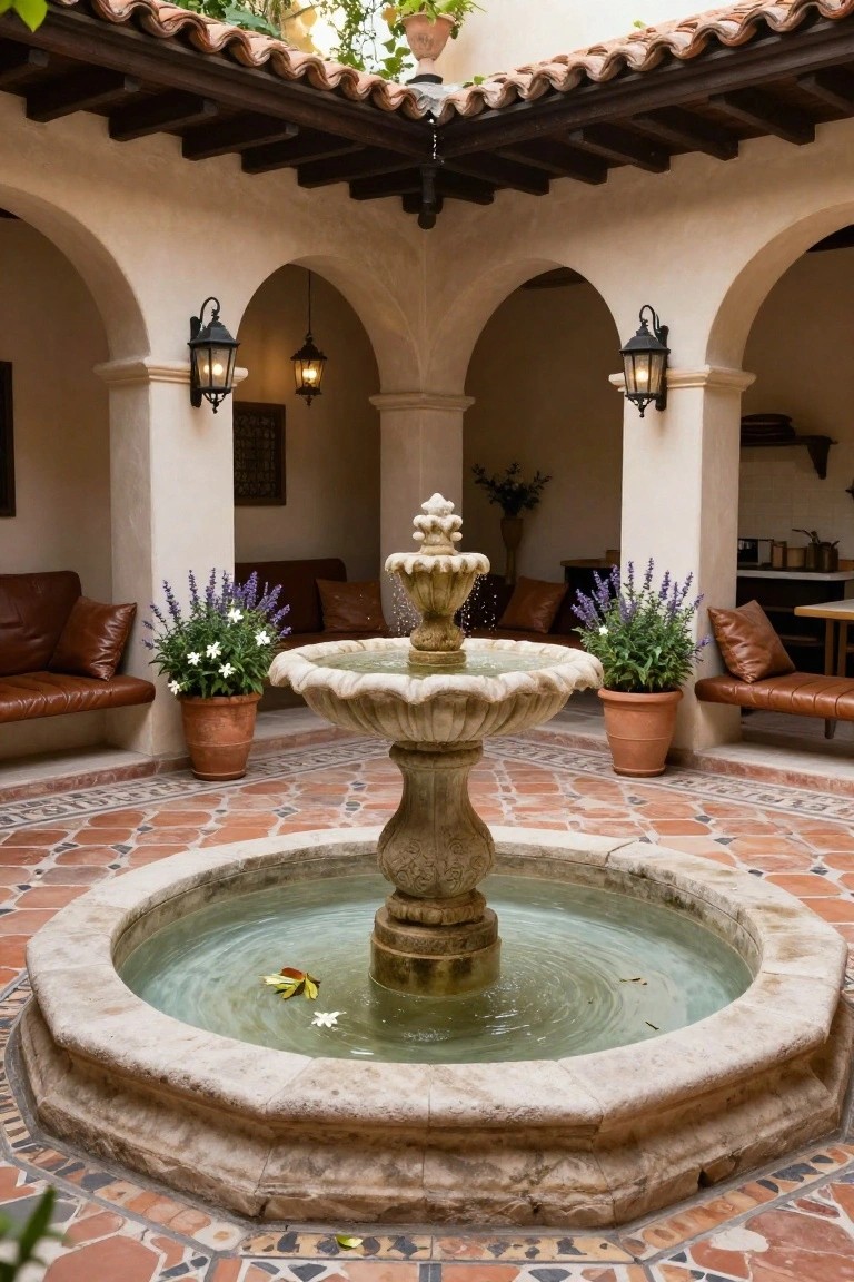 Stone fountain in the center of a Spanish-style courtyard with white stucco arches, terracotta tile floor, leather seating, potted plants, and wall lanterns.