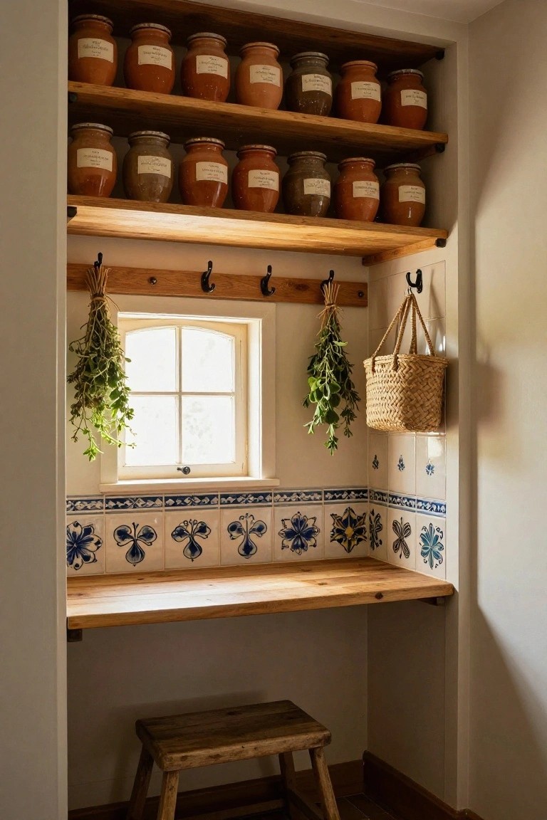 Built-in wooden shelves in a narrow kitchen nook holding rows of labeled terracotta jars, with hanging herb bundles near a small window, blue and white tiled backsplash, wooden countertop below, and a wooden stool in front.