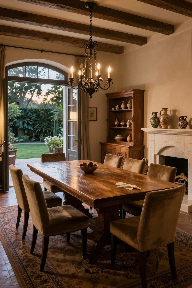 Dining room interior with exposed dark wooden beams on the ceiling, a long rectangular wooden table with upholstered chairs, a wrought-iron chandelier, wooden cabinet displaying ceramics, tiled fireplace, and arched French doors open to a garden patio.