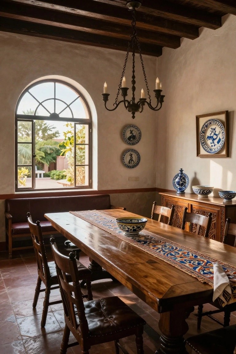 Interior view of a Spanish-style dining room with dark exposed wooden ceiling beams, smooth beige adobe walls, arched window showing garden outside, wooden table set with colorful runner and blue pottery, wooden chairs, and carved sideboard.