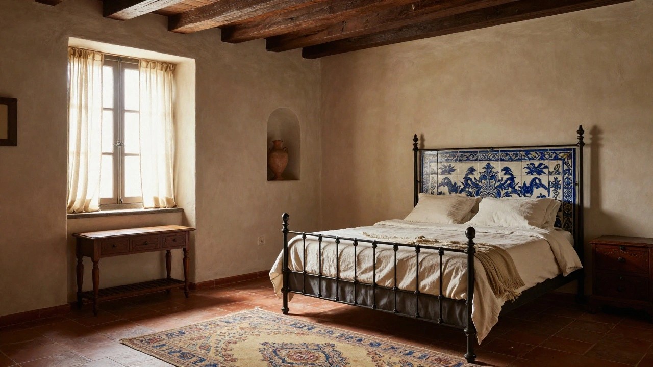 Bedroom interior with exposed dark wooden ceiling beams, white plaster walls, arched window with sheer curtains, iron bed with colorful tiled headboard and white linens, wooden furniture, arched niche holding terracotta vase, Persian rug on terracotta tile floor.