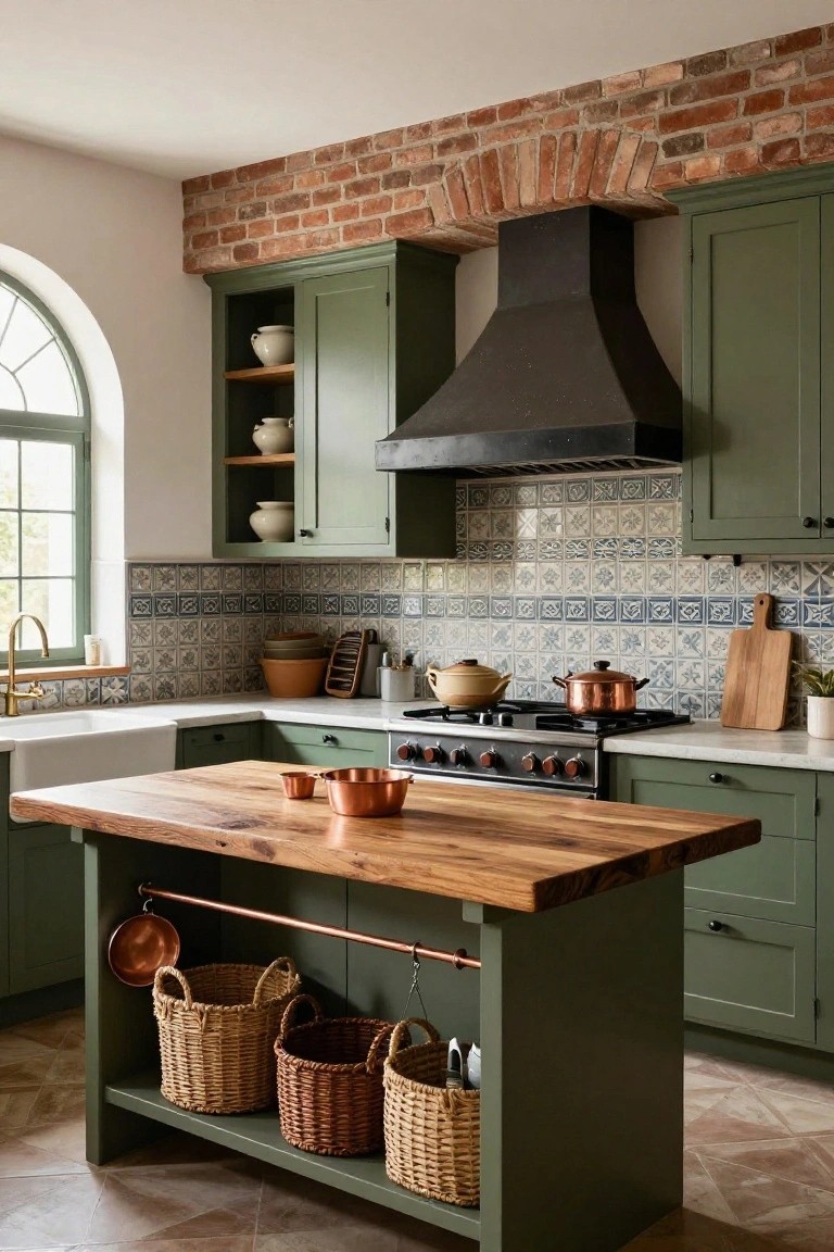 Kitchen with olive green cabinets, exposed brick accent wall, blue and white patterned tile backsplash, wooden island with hanging copper pots and wicker baskets, black range hood, and white farmhouse sink.