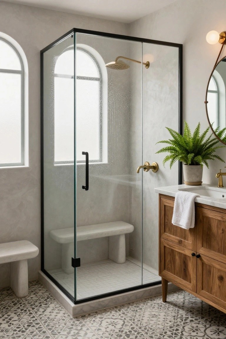 Light-colored bathroom with corner frameless glass shower enclosure containing a marble bench and running water, wood vanity with towel, brass fixtures, potted fern, arched windows, and patterned tile floor.