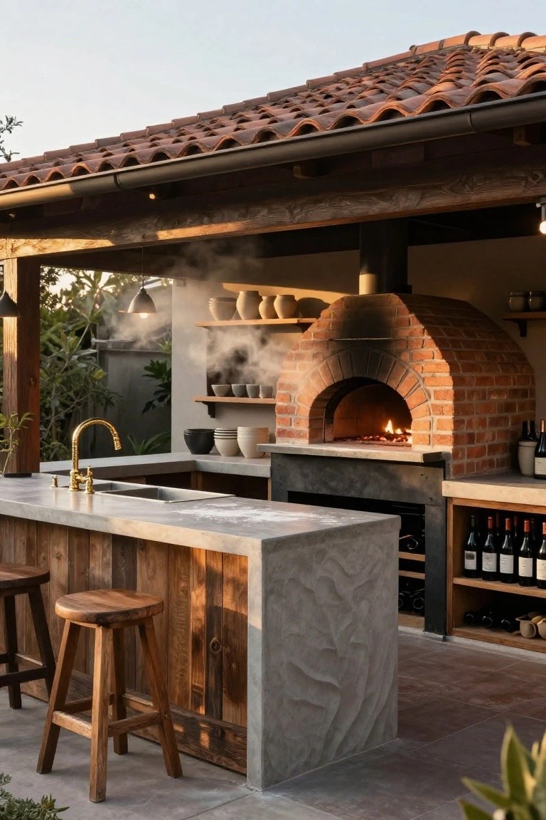 Covered outdoor kitchen with arched brick wood-fired pizza oven, concrete countertop island featuring sink and wooden bar stools, shelves with pottery, and wine storage cabinets.